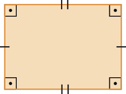 Figura geométrica. Quadrilátero com indicação de quatro ângulos retos e pares de lados opostos paralelos e congruentes entre si.