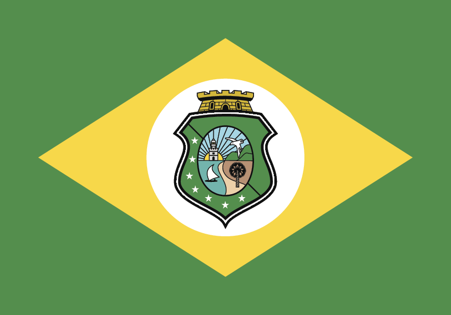 Ilustração. Bandeira do Estado do Ceará. Quadrilátero verde com quatro ângulos retos, e pares de lados opostos paralelos e congruentes, dentro dessa figura um quadrilátero amarelo de lados de mesma medida ângulos opostos de mesma medida, e pares de ângulos de medidas diferentes; no centro, dentro do losango um círculo branco, e dentro dele um brasão.