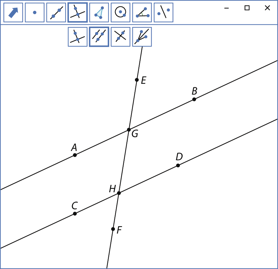 Ilustração. Tela similar a de um software de geometria analítica. Na parte superior, há uma barra com diversos botões. Da esquerda para a direita, os botões correspondem às ferramentas: mover, ponto, reta, reta perpendicular, polígono, circunferência, ângulo e reflexão. O botão reta perpendicular aparece selecionado. Abaixo do botão reta perpendicular aparecem da esquerda para a direita os botões que correspondem às seguintes ferramentas: retas perpendiculares, retas paralelas, mediatriz e bissetriz. O botão retas paralelas está selecionado. No canto superior direito aparecem os botões minimizar, maximizar e fechar. Na tela estão representadas duas retas paralelas e uma reta transversal que intercepta a reta superior no ponto G e a reta inferior no ponto H. A reta superior passa pelos pontos A e B, que estão em lados opostos de G. A outra reta passa pelos pontos C e D, que estão em lados opostos de H. A reta transversal passa pelos pontos E e F, de modo que os pontos estão na seguinte ordem: E, G, H, F.