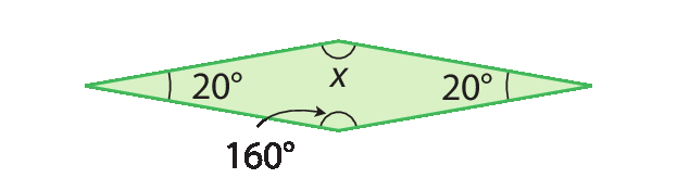 Figura geométrica. Quadrilátero com medida dos ângulos internos 20 graus, x, 20 graus e 160 graus.