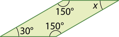 Figura geométrica. Quadrilátero com ângulos medindo 150 graus, x, 150 graus, 30 graus.