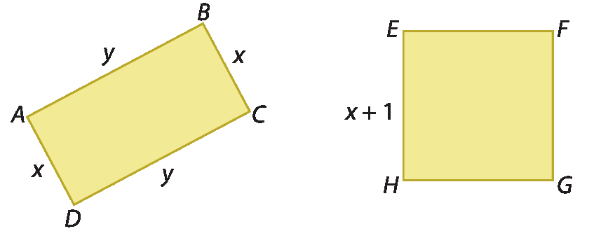 Figura geométrica. Retângulo ABCD com lados AD e BC medindo x e lados AB e DC medindo y. Figura geométrica. Quadrado EFGH com lado EF medindo x mais 1.