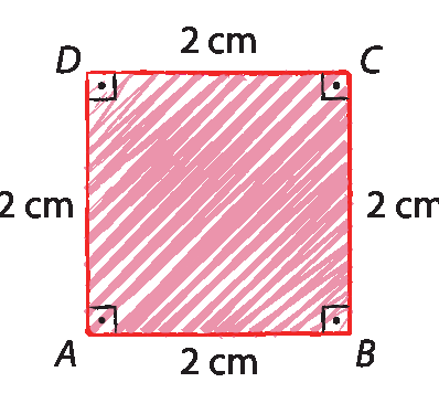 Figura geométrica. Quadrado ABCD com cada lado medindo 2 centímetros de comprimento.