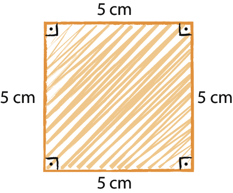 Figura geométrica. Quadrado laranja com indicação de medida do comprimento do lado 5 centímetros.