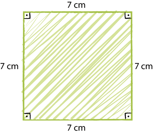Figura geométrica. Quadrado verde com indicação de medida do comprimento do lado 7 centímetros.