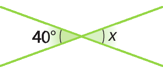 Figura geométrica. Esquema em verde de duas retas que se cruzam em um ponto. Um ângulo agudo mede quarenta graus e o outro mede x.