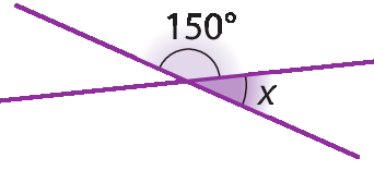 Figura geométrica. Esquema em roxo de duas retas que se cruzam em um ponto. Um ângulo agudo mede x e o ângulo complementar mede cento e cinquenta graus.