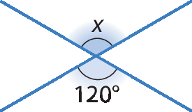 Figura geométrica. Esquema em azul de duas retas que se cruzam em um ponto. Um ângulo obtuso mede cento e vinte graus e o outro mede x.