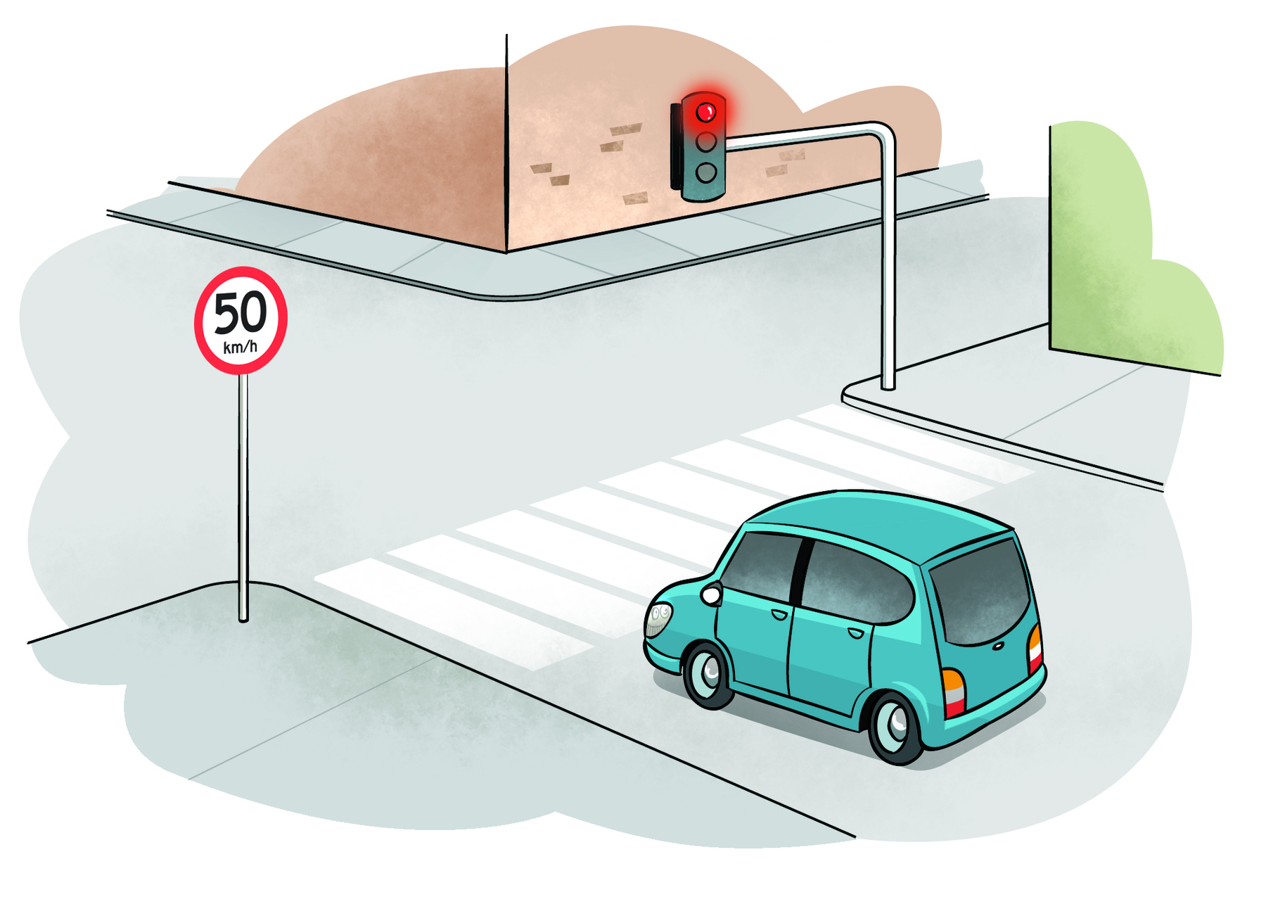 Ilustração. Vista de cima de um carro azul parado antes da faixa de pedestres, o semáforo está com sinal vermelho para o carro. À direita, placa circular escrito 50 quilômetros.