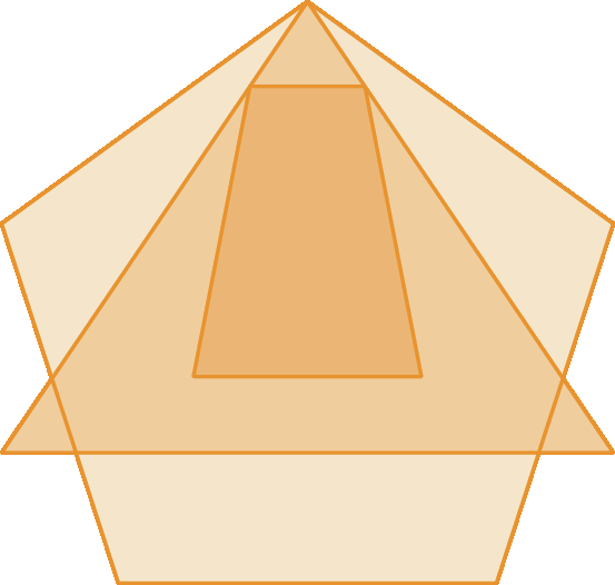 Figura geométrica. Pentágono, com triângulo equilátero sobreposto com um vértice em comum ao pentágono e outros vértices fora da área do pentágono. Trapézio isósceles com a base menor acima, e os vértices da base menor encostam nos lados do triângulos.