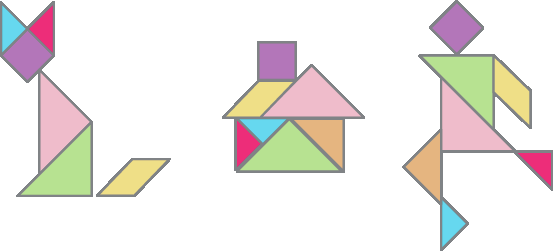Ilustração. Gato representado usando as peças do tangram. As peças são: dois triângulos pequenos para representar a orelha, um quadrado como cabeça, dois triângulos grandes para representar o corpo e um paralelogramo, representando a cauda. Ilustração. Casa representada usando todas as peças do tangram. O quadrado representa a chaminé, o paralelogramo e um triângulo grande representam o telhando, os dois triângulos pequenos, o triângulo médio e um triângulo grande, formam um retângulo que representam a casa. Ilustração. Pessoa representada com peças do tangram. O quadrado representa a cabeça, os dois triângulos maiores representam o corpo, o losango representa um braço, o triângulo médio e um triângulo pequeno representa uma perna e a outra perna é representada por um triângulo.
