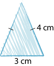 Figura geométrica. Triângulo isósceles com lados congruentes medindo 4 centímetros e o outro lado medindo 3 centímetros.