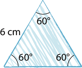 Figura geométrica. Triângulo equilátero com indicação de que o lado mede 6 centímetros e os ângulos internos medem 60°