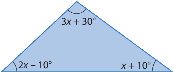 Figura geométrica. Triângulo com indicação de medida dos ângulos: 2x menos 10 graus, x mais 10 graus e 3x mais 30 graus.