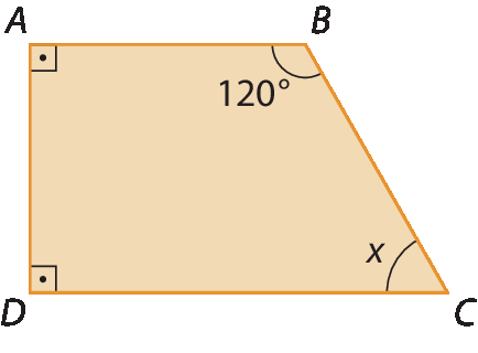 Figura geométrica. Trapézio retângulo ABCD, com indicação de dois ângulos retos em que um dos ângulos internos mede 120 graus.