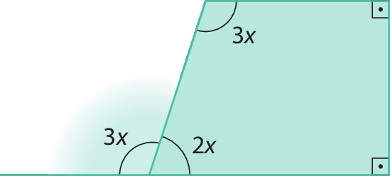 Figura geométrica. Trapézio retângulo com indicação de dois ângulos retos. Os outros dois ângulos internos medem 3x e 2x, o ângulo externo ao ângulo de 2x mede 3x.
