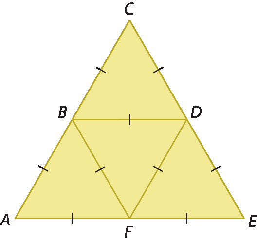 Ilustração. Triângulo equilátero grande ACE, composto por 4 triângulos equiláteros menores. Os triângulos menores são definidos pelos vértices BCD, FDE, ABF e FBD.