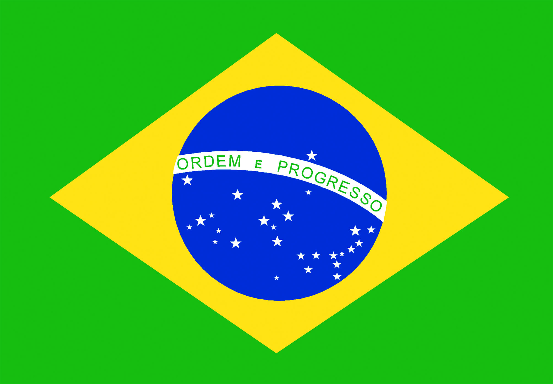Ilustração. Bandeira do Brasil. Retângulo verde com sobreposição de losango amarelo no centro. Dentro do losango, um círculo azul no centro, sobre o círculo há uma faixa com formato de arco com as palavras: ORDEM E PROGRESSO. Acima da faixa há uma estrela. E sob a faixa há 26 estrelas.