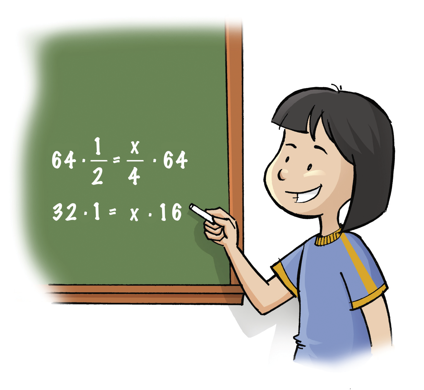 Ilustração. Menina de cabelo preto e camiseta azul escreve no quadro de giz: 64 vezes um meio igual x sobre 4 vezes 64 32 vezes 1 igual x vezes 16.