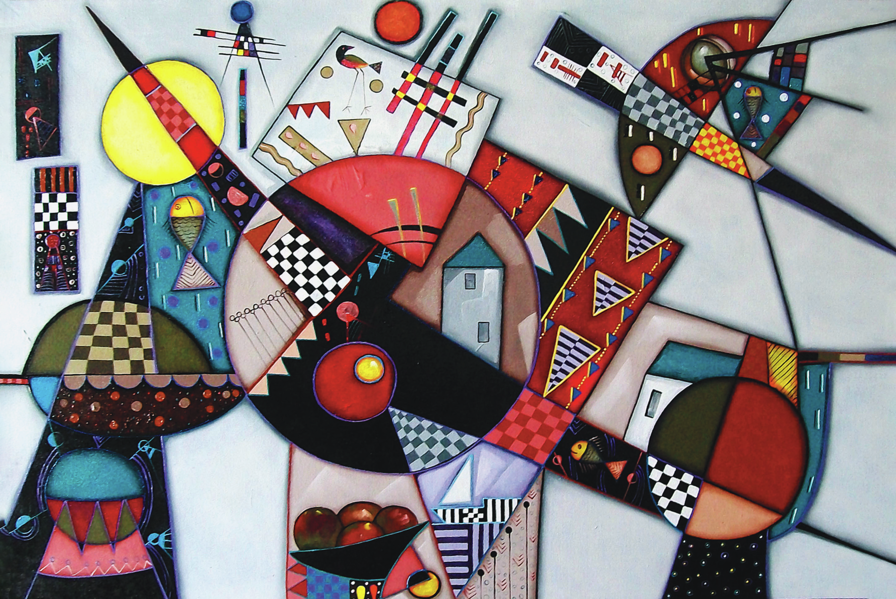 Obra de arte. Quadro com formas geométricas: circulo, triângulos, retas e quadriláteros. O fundo é claro e há diferentes texturas como traços, pontilhados e padrões em xadrez.