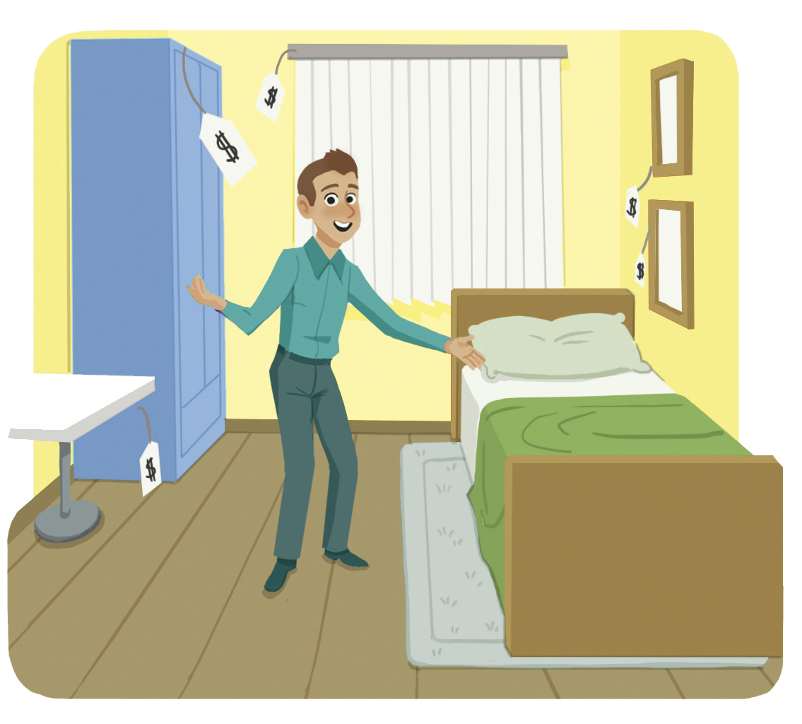 Ilustração. Homem em pé ao lado de uma cama. À esquerda, guarda-roupa azul e mesa branca. Ao fundo, janela com persiana. Na parede, dois quadros.