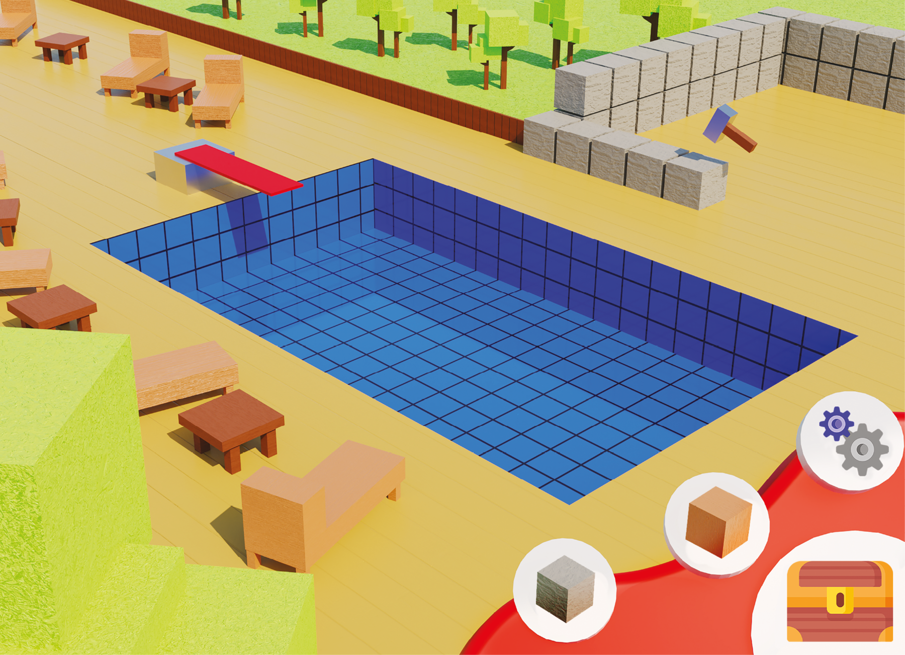 Ilustração. No centro da imagem uma piscina com formato de paralelepípedo. As paredes e o fundo da piscina são compostos de azulejos quadrados azuis. Em um dos lados de medida de comprimento menor da piscina há um trampolim formado por uma base de paralelepípedo e uma prancha de formato retangular vermelha. Ao redor da piscina há espreguiçadeiras e pequenas mesinhas com superfície quadradas. Em um dos lados de maior medida de comprimento da piscina aparece o início de uma construção, com blocos cúbicos. Os blocos estão organizados em fileiras, parte em duas fileiras de altura e parte em apenas uma, aparentando que a construção está no começo. Sobre um dos blocos aparece uma marreta cujos cabo e ponta têm formato de bloco retangular. Todos os elementos da ilustração parecem ter formatos ou de cubo ou de paralelepípedo, dando a ideia de que se trata de um jogo eletrônico. Em primeiro plano, sobre a ilustração, há a imagem de dois blocos cúbicos de cores diferentes, duas engrenagens e um baú fechado.