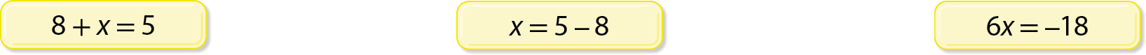 Sentença matemática. 8 mais x, igual, 5. Sentença matemática. x, igual, 5 menos 8. Sentença matemática. 6x, igual, menos 18.