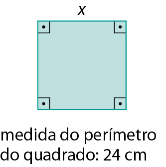 Figura geométrica. Quadrado com indicação de 4 ângulos retos e indicação da medida x de um dos lados. Legenda: medida do perímetro do quadrado: 24 centímetros.