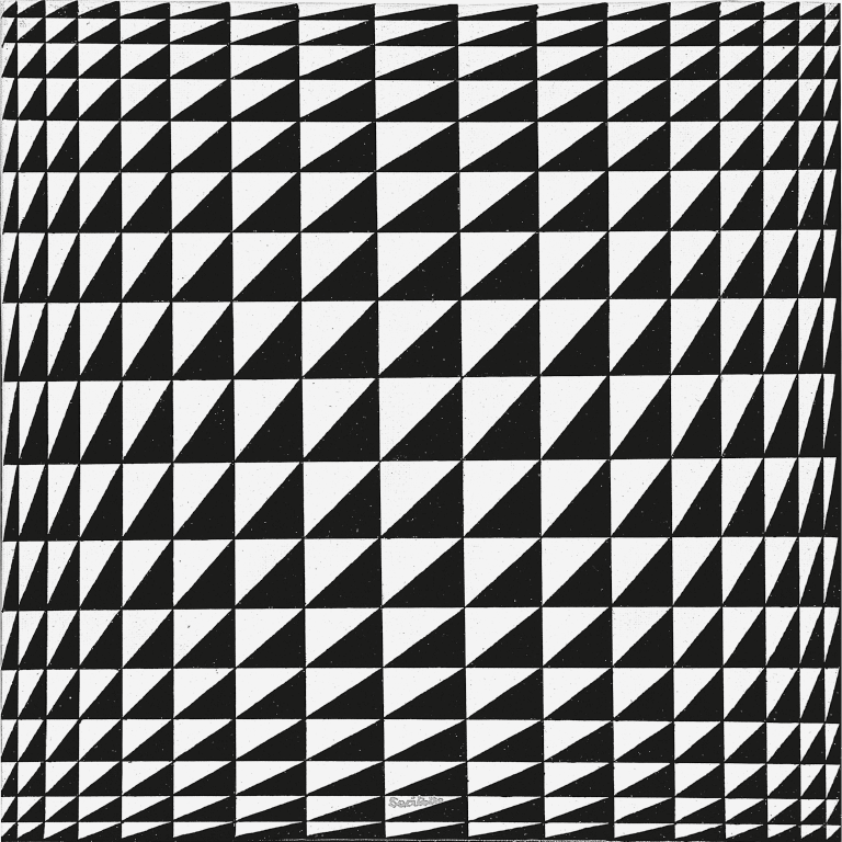 Foto. Reprodução de um quadro composto por triângulos brancos e pretos alternados. A imagem gera uma ilusão de ótica de movimento curvo.