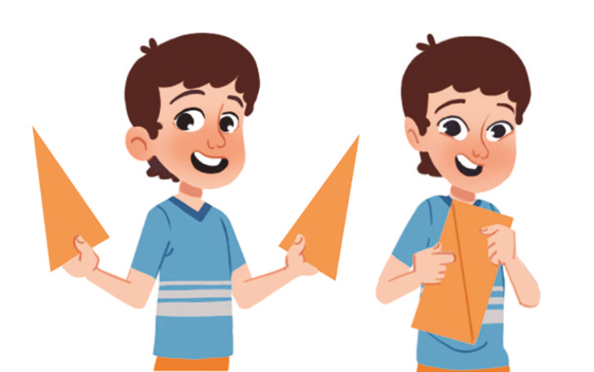 Ilustração. Menino de cabelo castanho, camiseta azul com listras segura dois triângulos isósceles, um em cada mão. Ao lado, o mesmo menino segura os dois triângulos lado a lado pelo lado maior formando um quadrilátero.