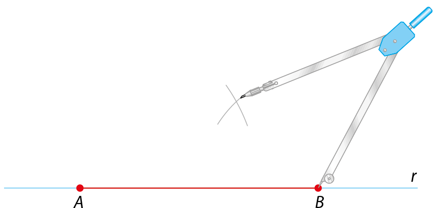 Ilustração. Reta r. Sobre ela, segmento de reta AB. Ponta-seca do compasso em B. Foi traçado um arco que cruza o arco traçado no passo anterior.