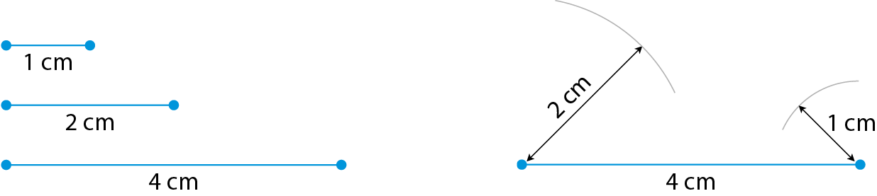 Figura geométrica. Três segmentos de medidas de comprimento diferentes. De cima para baixo: 1 centímetro, 2 centímetros, 4 centímetros. Figura geométrica. Segmento de 4 centímetros. No limite do segmento à esquerda há um arco de raio 2 centímetro. No limite do segmento à direita há um arco de raio 1 centímetro.