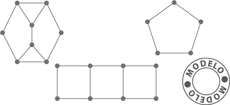 Figura geométrica. Figura formada hexagonal composta por dois triângulos e dois hexágonos. por dois triângulos e dois hexágonos. Interno ao hexágono maior há dois vértices, que são vértices dos triângulos que não tem vértice em comum. Figura geométrica, contorno de um pentágono. Figura geométrica. Contorno de um retângulo dividido em três figuras iguais que se parecem com contornos de 3 quadrados.