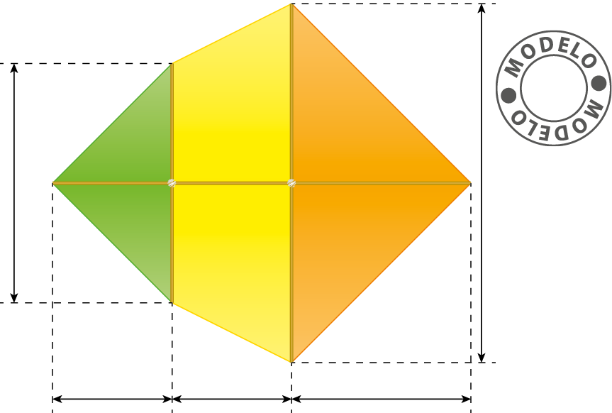 Figura geométrica. Figura composta por 2 triângulos retângulos verdes, 2 trapézios retângulos amarelos e dois triângulos laranja. Da esquerda para a direita, 2 triângulos retângulos verdes com seus ângulos retos adjacentes entre si. À direita e adjacentes aos triângulos verdes, dois trapézios retângulos amarelos, com seus ângulos retos adjacentes entre si. À direita e adjacentes aos trapézios amarelos, dois trapézios triângulos laranja, com seus ângulos retos adjacentes entre si. Cotas para a soma das medidas dos lados adjacentes dos triângulos verdes, altura do triângulo verde, altura do trapézio amarelo, altura do triângulo laranja e soma das medidas dos lados adjacentes do s triângulos laranja.