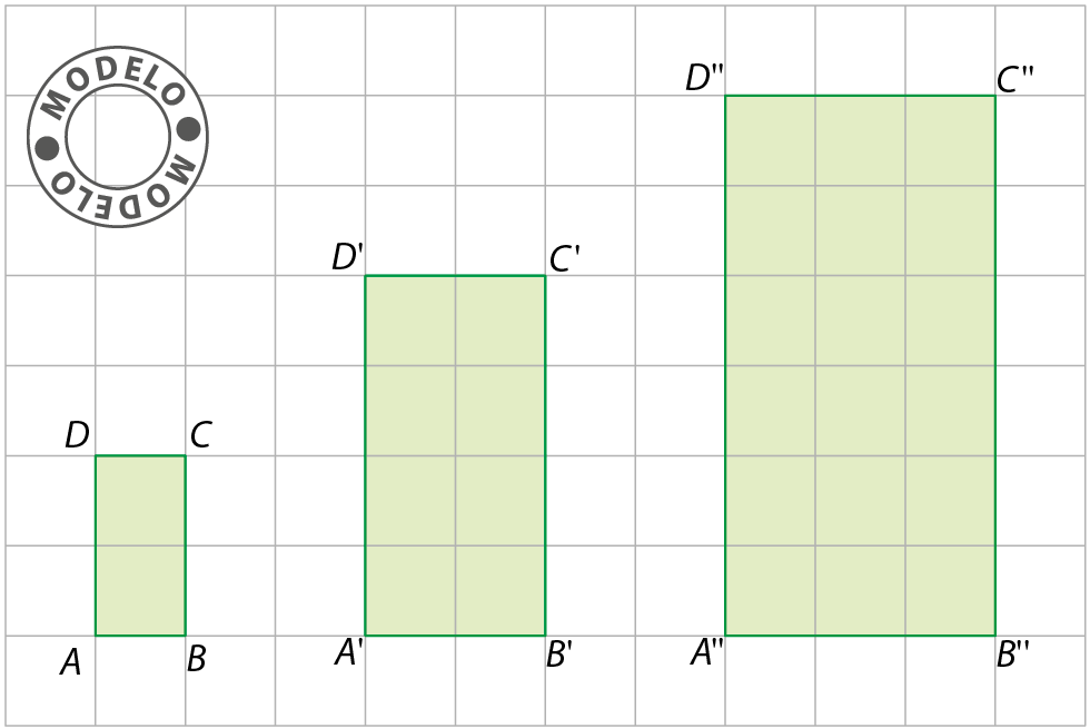 Figura Geométrica Modelo. Malha quadriculada com três retângulos. Retângulo ABCD ocupando 2 quadradinhos. Retângulo A linha, B linha, C linha, D linha ocupando 8 quadradinhos. Retângulo A duas linhas, B duas linhas, C duas linhas, D duas linhas ocupando 18 quadradinhos.