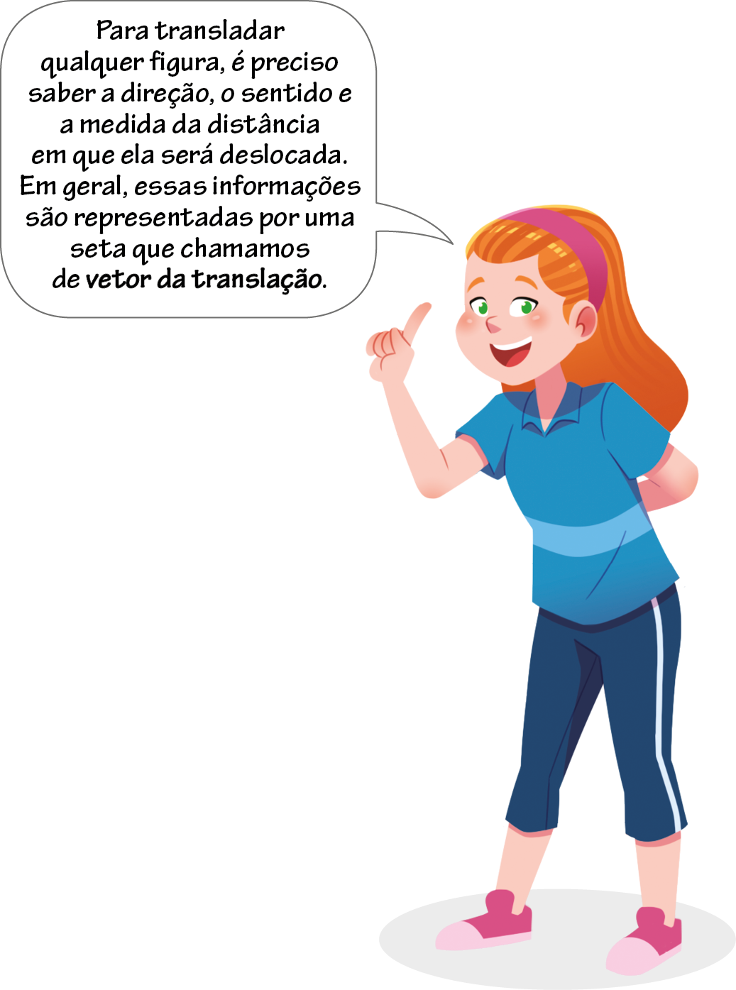 Ilustração. Menina de cabelo ruivo, blusa azul, tênis rosa e calça. Ela está com a mão esquerda nas costas e a mão direita levantada com o dedo indicador esticado. Ela fala: Para transladar qualquer figura, é preciso saber a direção, o sentido e a medida da distância em que ela será deslocada. Em geral, essas informações são representadas por uma seta que chamamos de vetor da translação.