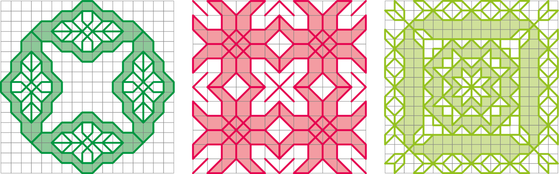 Ilustração. Malha quadriculada composta por figura arredondada na cor verde com partes vazadas. Ilustração. Malha quadriculada composta por quadrados e traços diagonais vermelhos. Ilustração. Malha quadriculada composta por fileiras de quadrados e formas triangulares no centro.