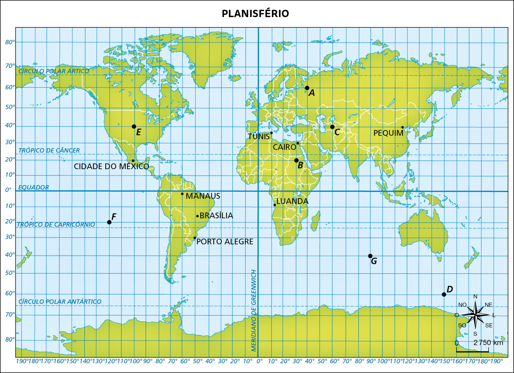 Ilustração. Planisfério. Mapa retangular com os continentes e oceanos do planeta Terra. O ponto A está em 40 graus leste e 60 graus norte. O ponto B está em 30 graus leste e 20 graus norte. O ponto C está 40 graus norte e 60 graus leste. O ponto D está 150 graus leste e 60 graus sul. O ponto E está 40 graus norte e 100 graus oeste. O ponto F está 20 graus sul 120 graus oeste. O ponto G está 40 graus sul e 90 graus leste. Estão destacadas as seguintes cidades: Cidade do México, Manaus, Brasília, Porto Alegre, Túnis, Cairo, Luanda e Pequim. No canto inferior direito há uma rosa dos ventos e a escala indicando que cada 1 centímetro do mapa corresponde a 2 mil 750 quilômetros.