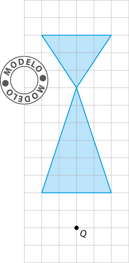 Gráfico. Modelo. Malha quadriculada com figura geométrica azul formada por dois triângulos que se conectam por um de seus vértices. Abaixo da figura há o ponto Q.