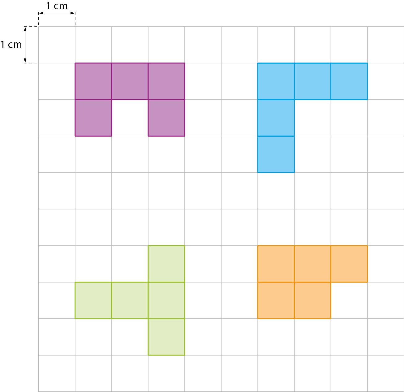 Ilustração. Malha quadriculada com cota indicando a medida de um quadradinho, 1 centímetro. Nele há 4 figuras. Figura roxa composta por 5 quadradinhos, sendo 3 horizontais, 1 abaixo do primeiro quadradinho e outro abaixo do terceiro quadradinho. Figura azul composta por 5 quadradinhos sendo 3 na horizontal e dois na vertical, abaixo do primeiro quadradinho da horizontal. Figura verde composta por 5 quadradinhos. Sendo 3 na vertical e dois na horizontal, à esquerda do quadradinho do meio da vertical. Figura laranja composta por 5 quadradinhos, sendo 3 horizontais, 1 abaixo do primeiro quadradinho e outro abaixo do segundo quadradinho.