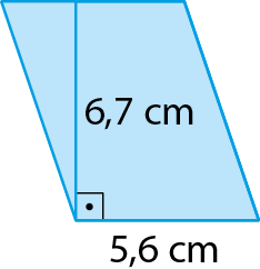Ilustração. Paralelogramo azul na vertical. A medida da base é 5 vírgula 6 centímetros e a medida da altura é 6 vírgula 7 centímetros.