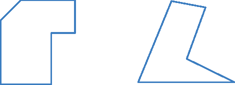 Ilustração. Uma linha poligonal fechada e simples, azul, construída com 7 segmentos de retas. Ilustração. Uma linha poligonal fechada e simples, azul, construída com 5 segmentos de retas.