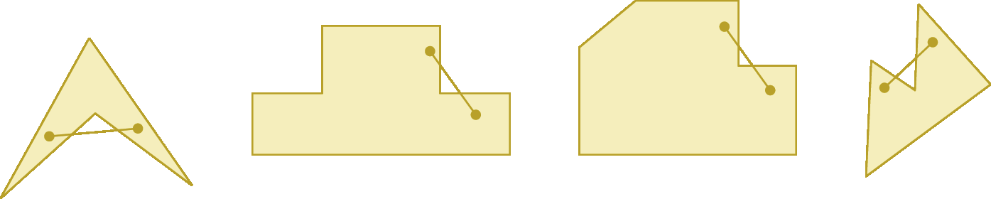 Ilustração. Quadrilátero com o formato que lembra uma seta, tendo um segmento de reta que começa no interior do polígono passa na região externa e termina novamente no interior. Ilustração. Polígono com oito lados, que lembra o formato de um  pódio, com um segmento de reta que começa na região interna do polígono passa pela região externa e termina na região interna. Ilustração. Polígono com sete lados, com um segmento de reta que começa na região interna do polígono passa pela região externa e termina na região interna. Ilustração. Polígono com cinco lados, com um segmento de reta que começa na região interna do polígono passa pela região externa e termina na região interna.