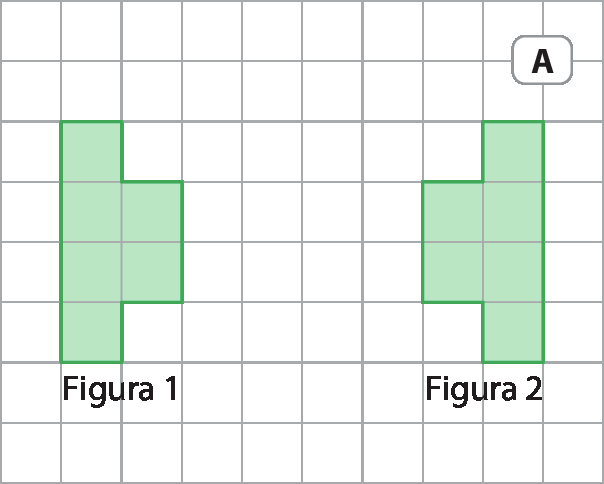 Ilustração A. Malha quadriculada. Figura 1 verde composta por 6 quadradinhos dispostos em 2 colunas, 4 quadradinhos na coluna da esquerda  e 2 na coluna da direita. Figura 2 verde composta por 6 quadradinhos dispostos em 2 colunas, 2 quadradinhos na coluna da esquerda e 4 na coluna da direita. A figura 2 está disposta como se fosse um reflexo espelhado da Figura 1. As figuras 1 e 2 estão a uma distância horizontal de 4 quadradinhos uma da outra.