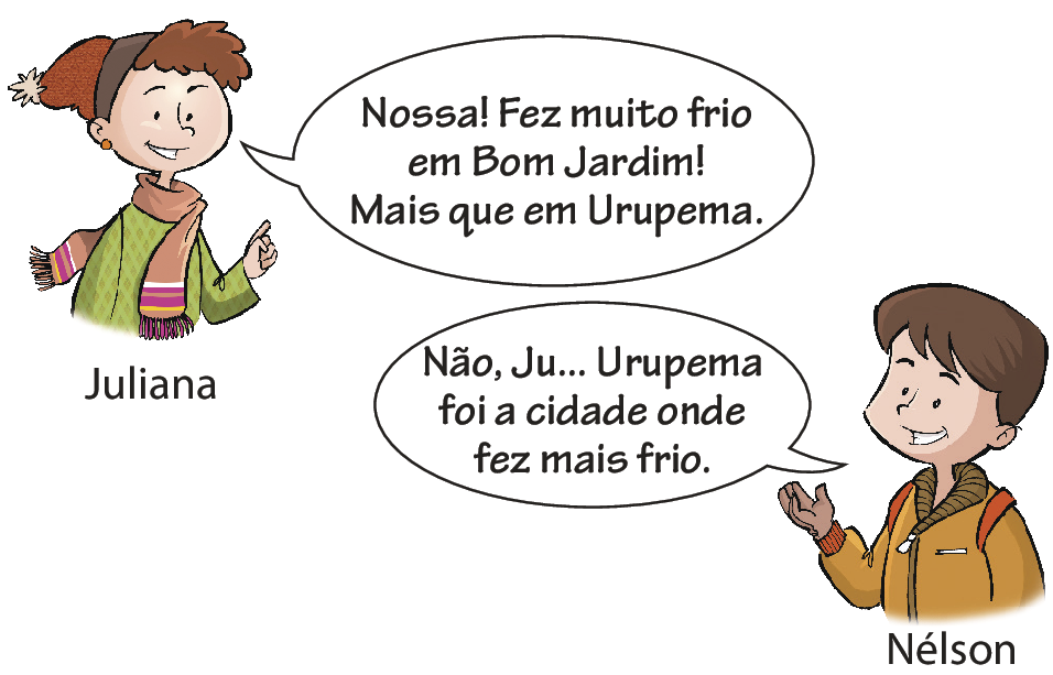 Ilustração. Uma garota, chamada Juliana de etnia branca de cabelos marrons, com uma tiara com uma tonalidade de marrom mais escuro que os cabelos, com uma blusa verde e um cachecol rosa, diz: Nossa! Fez muito frio em Bom Jardim! Mais que em Urupema. E um garoto, chamado Nélson de etnia branca de cabelos curtos marrom com uma blusa de uma tonalidade marrom claro, responde: Não, Ju reticências Urupema foi a cidade onde fez mais frio.