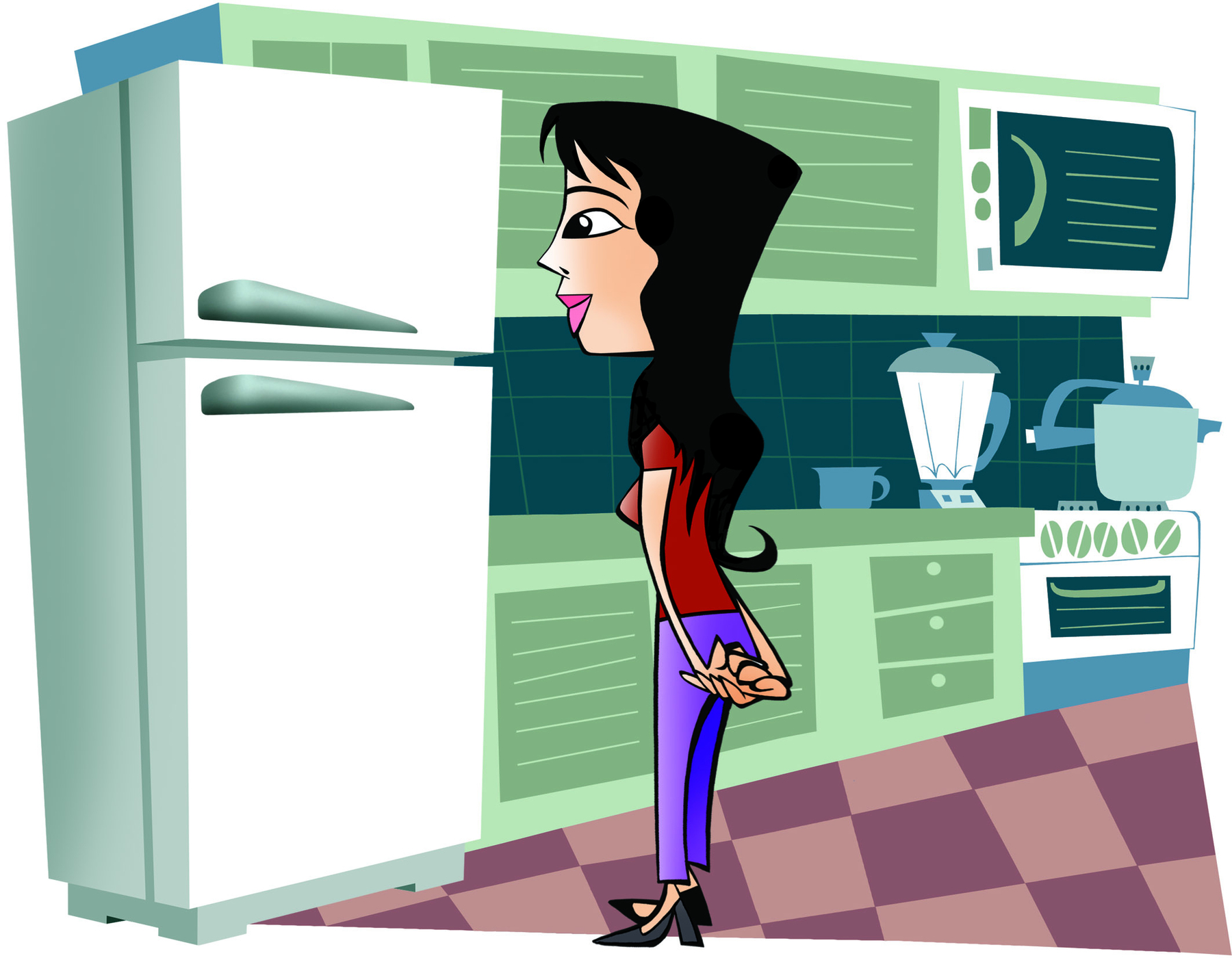 Ilustração. Mulher de cabelo preto, blusa vermelha, sapato preto e calça roxa na frente de uma geladeira branca em uma cozinha.
