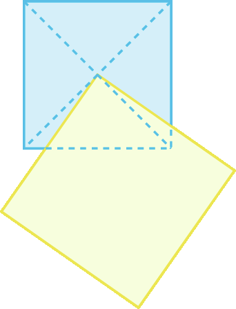Figura geométrica. Mesma figura anterior, só que agora o quadrado amarelo encontra-se levemente deslocado para a direita. O quadrado amarelo ainda tem um vértice coincidindo com o ponto de intersecção das diagonais do quadrado azul.