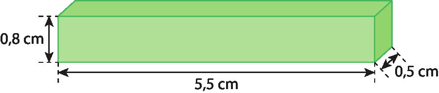 Figura geométrica. Paralelepípedo verde com indicação das dimensões: 0 vírgula 8 centímetro por 5 vírgula 5 centímetros por 0 vírgula 5 centímetro.