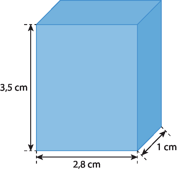 Figura geométrica. Paralelepípedo azul com indicação das dimensões: 3 vírgula 5 centímetros por 2 vírgula 8 centímetros por 1 centímetro.