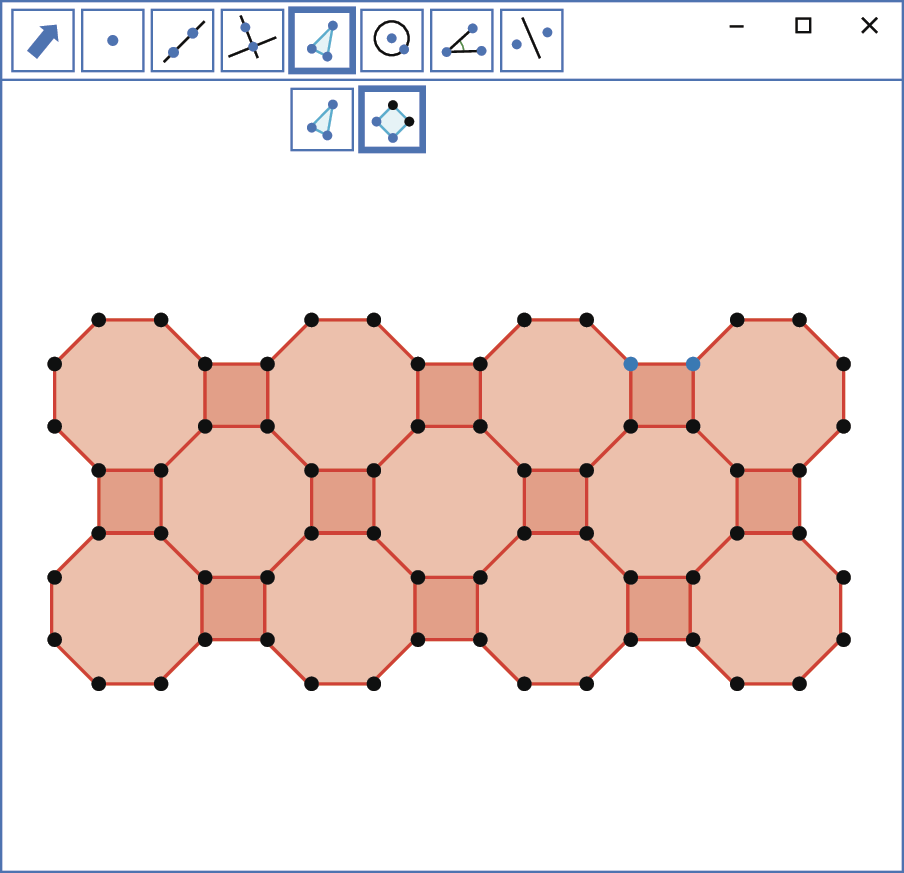 Ilustração. Software de geometria. Na parte superior, botões de comando. Destaque para o botão com um polígono: Ferramenta que traça polígonos regulares a partir de dois pontos. Na tela, figura composta com octógonos e quadrados.